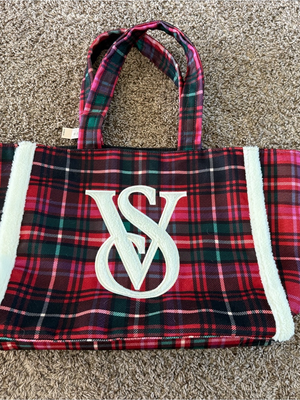 Victoria Secret Red Plaid Tote Bag with White Monogram